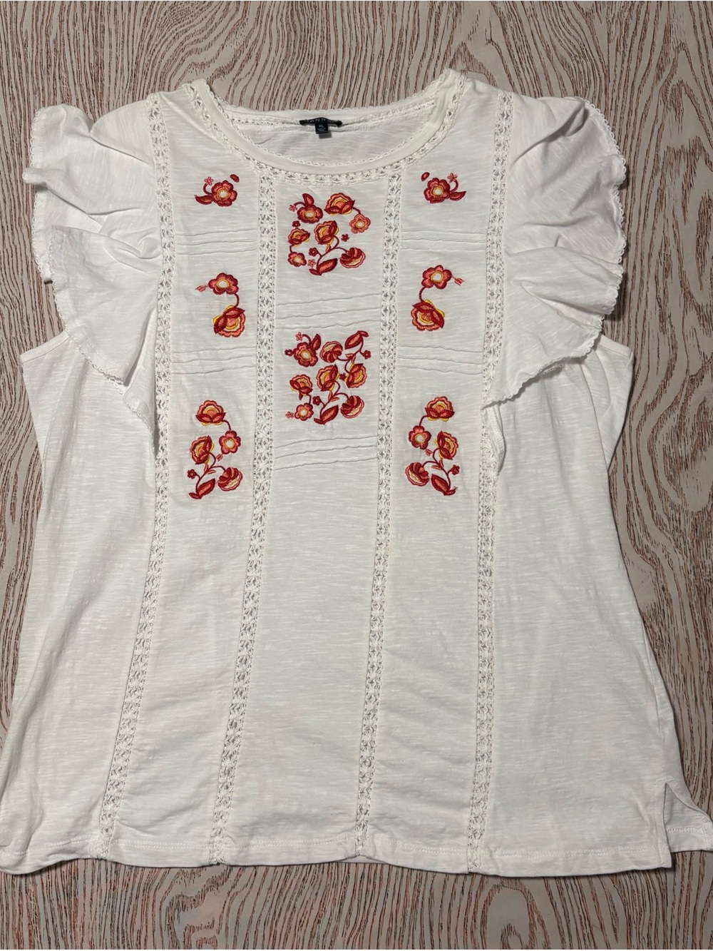 Hannah Womens XL White Cotton Embroidered Floral Crochet Flutter Sleeve Top